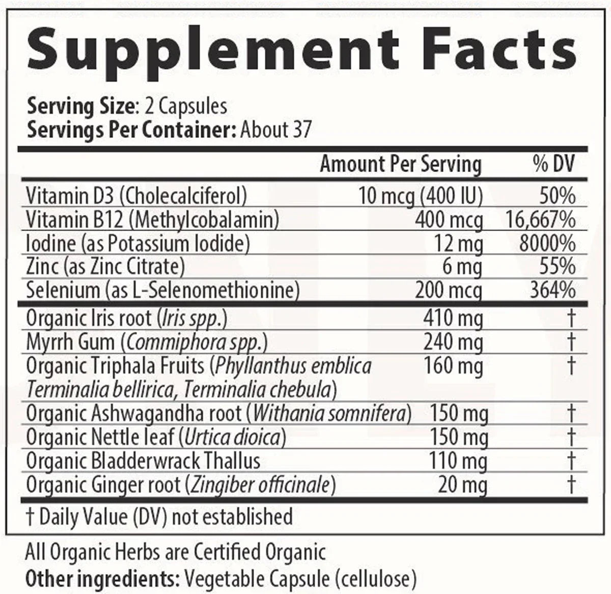 Supplement Facts label listing vitamins, minerals, and organic herbal ingredients per serving.