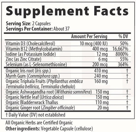 Supplement Facts label listing vitamins, minerals, and organic herbal ingredients per serving.