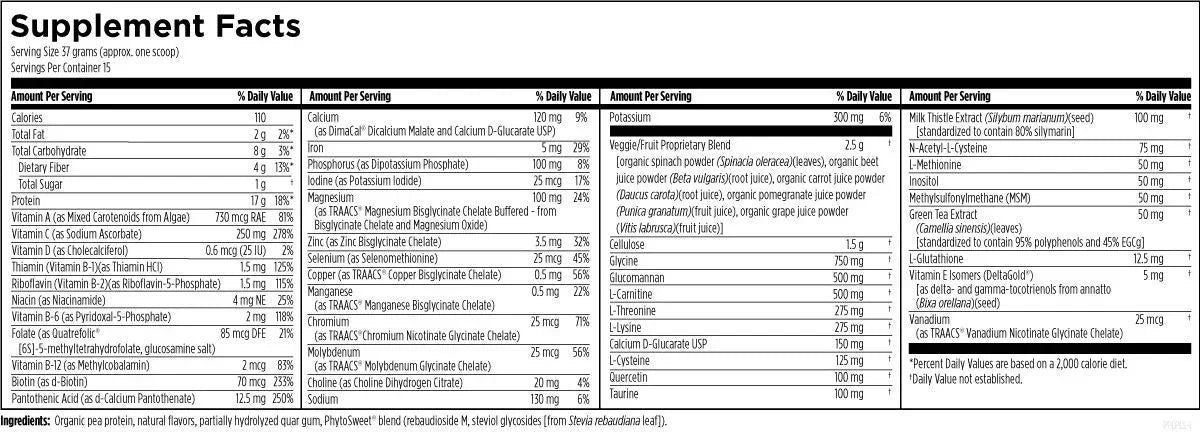 Supplement facts label with nutrition information, vitamins, minerals, and ingredient list.