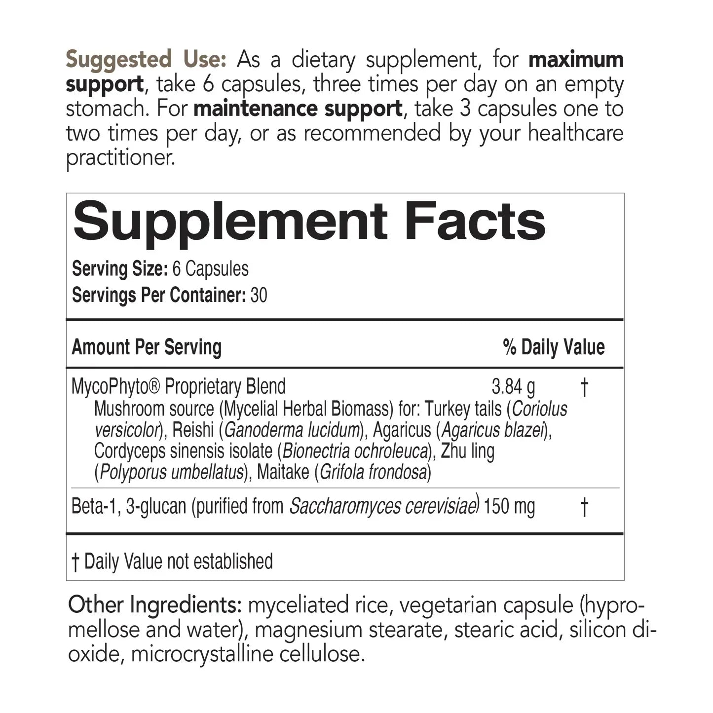 Supplement facts label showing serving size, ingredients, and mushroom blend details for capsules