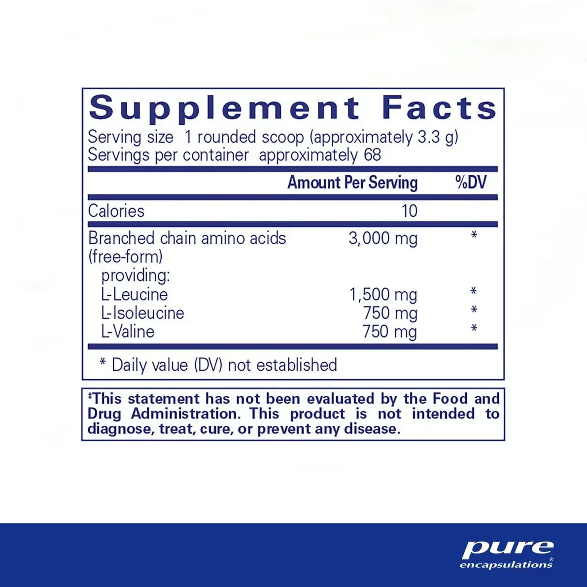 Supplement facts label for branched chain amino acids powder with serving size and ingredients