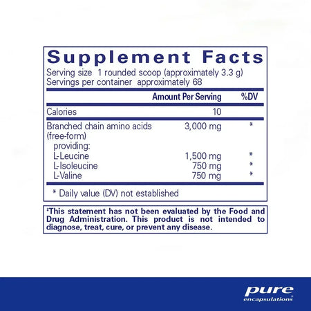 Supplement facts label for branched chain amino acids powder with serving size and ingredients