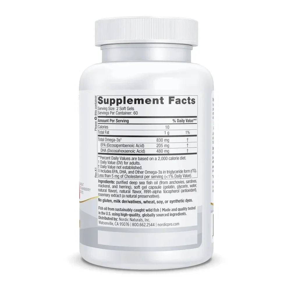Omega-3 fish oil supplement bottle showing supplement facts and ingredients list on white background.