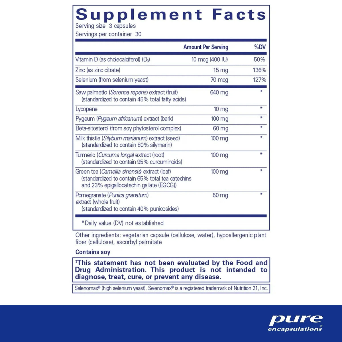 Supplement Facts label showing vitamins, minerals, and herbal extracts for health support.