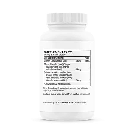 Supplement facts label on a white bottle showing Vitamin C, mustard seed, broccoli extract ingredients