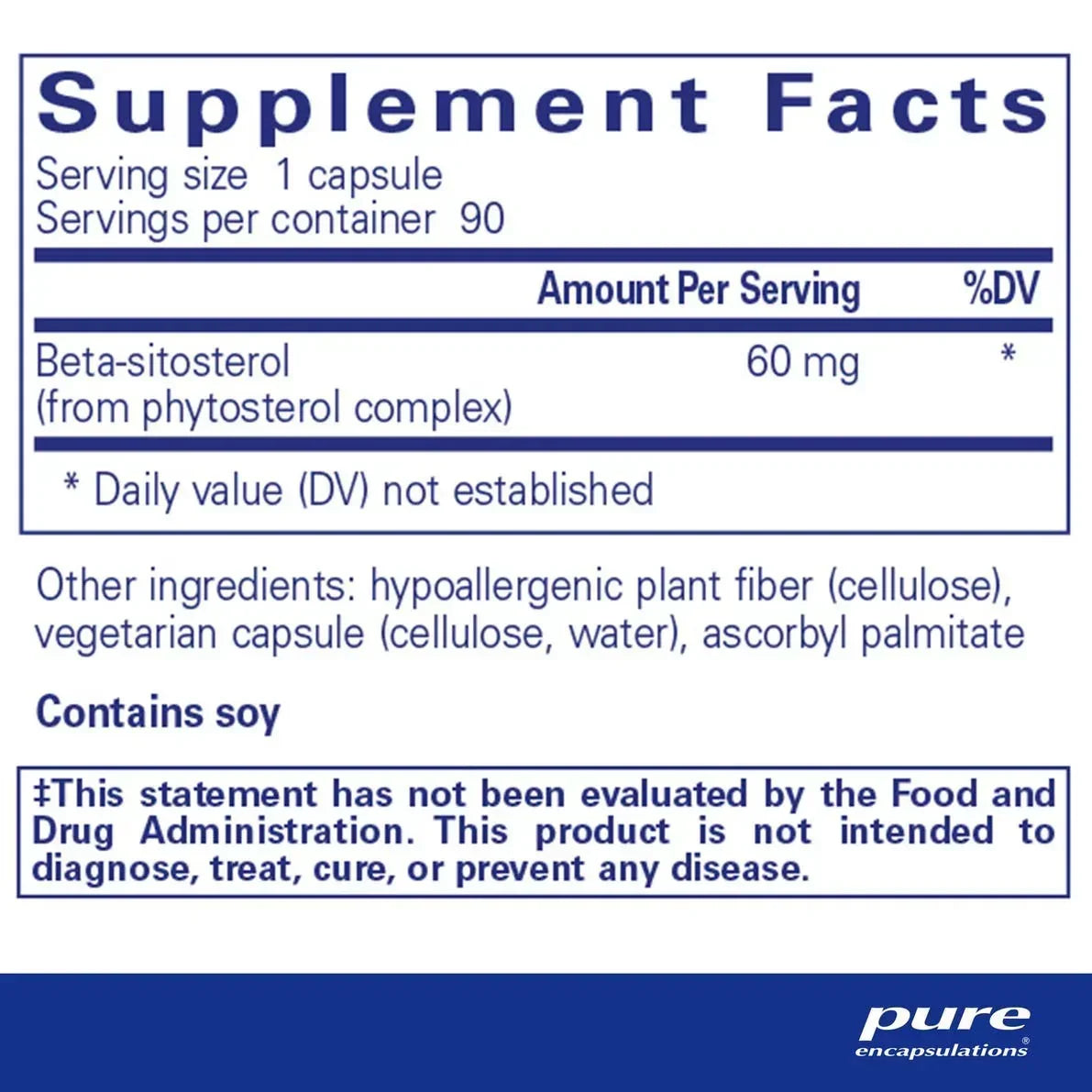 Supplement Facts label showing beta-sitosterol capsule ingredients and soy allergy warning