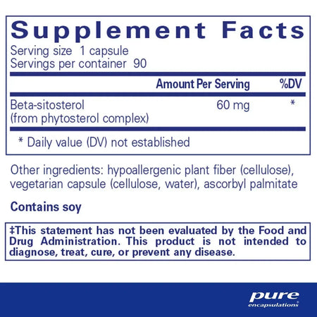 Supplement Facts label showing beta-sitosterol capsule ingredients and soy allergy warning