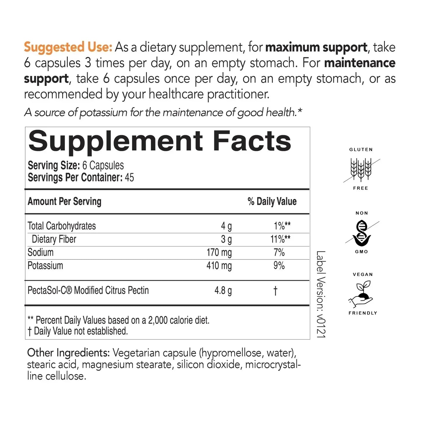 Supplement facts label showing serving size, ingredients, and dietary icons for gluten free, non-GMO, and vegan friendly capsules.