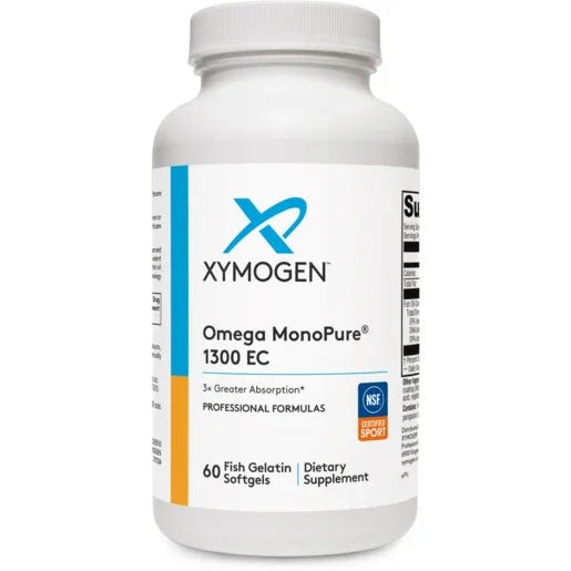 XYMOGEN Omega MonoPure 1300 EC dietary supplement bottle with 60 fish gelatin softgels