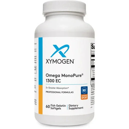 XYMOGEN Omega MonoPure 1300 EC dietary supplement bottle with 60 fish gelatin softgels