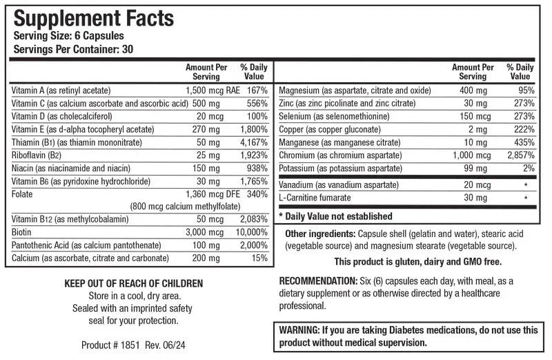 Supplement facts label showing daily values for vitamins, minerals, and nutrients in capsules