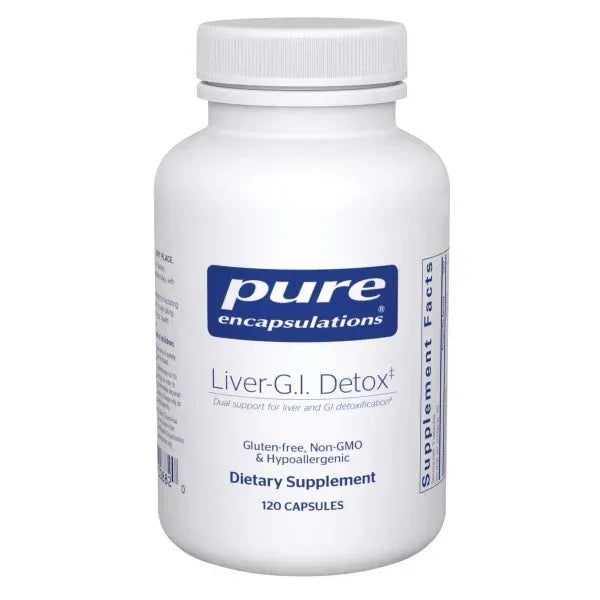 Pure Encapsulations Liver-G.I. Detox dietary supplement bottle, 120 capsules, gluten-free