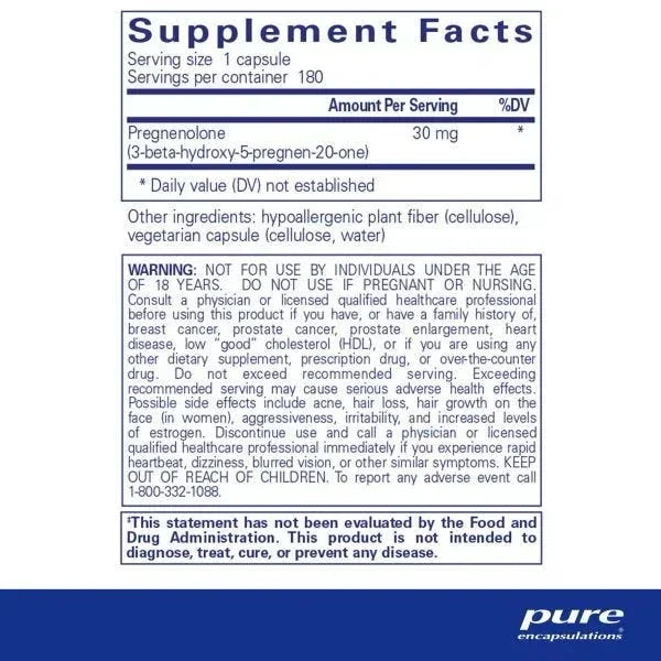 Supplement facts label for pregnenolone capsules, showing ingredients and health warnings.