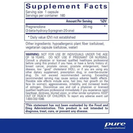Supplement facts label for pregnenolone capsules, showing ingredients and health warnings.