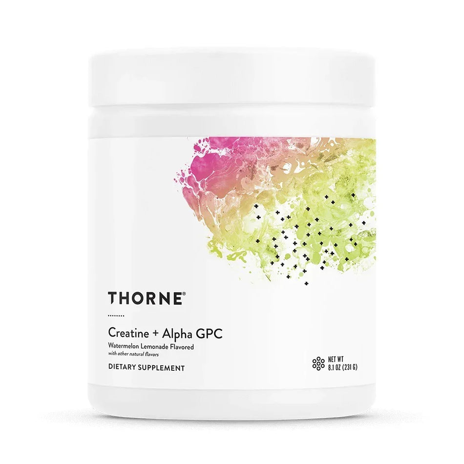 Thorne Creatine + Alpha GPC dietary supplement jar, watermelon lemonade flavor