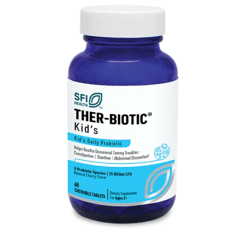 Blue bottle of Ther-Biotic Kid's daily probiotic chewable tablets for children