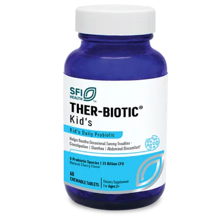 Blue bottle of Ther-Biotic Kid's daily probiotic chewable tablets for children