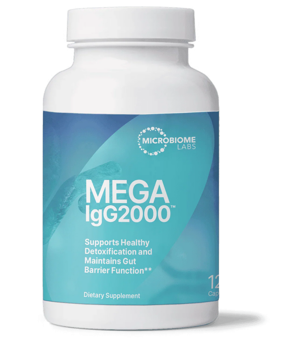 Mega IgG2000 dietary supplement capsules bottle for gut health and detox support