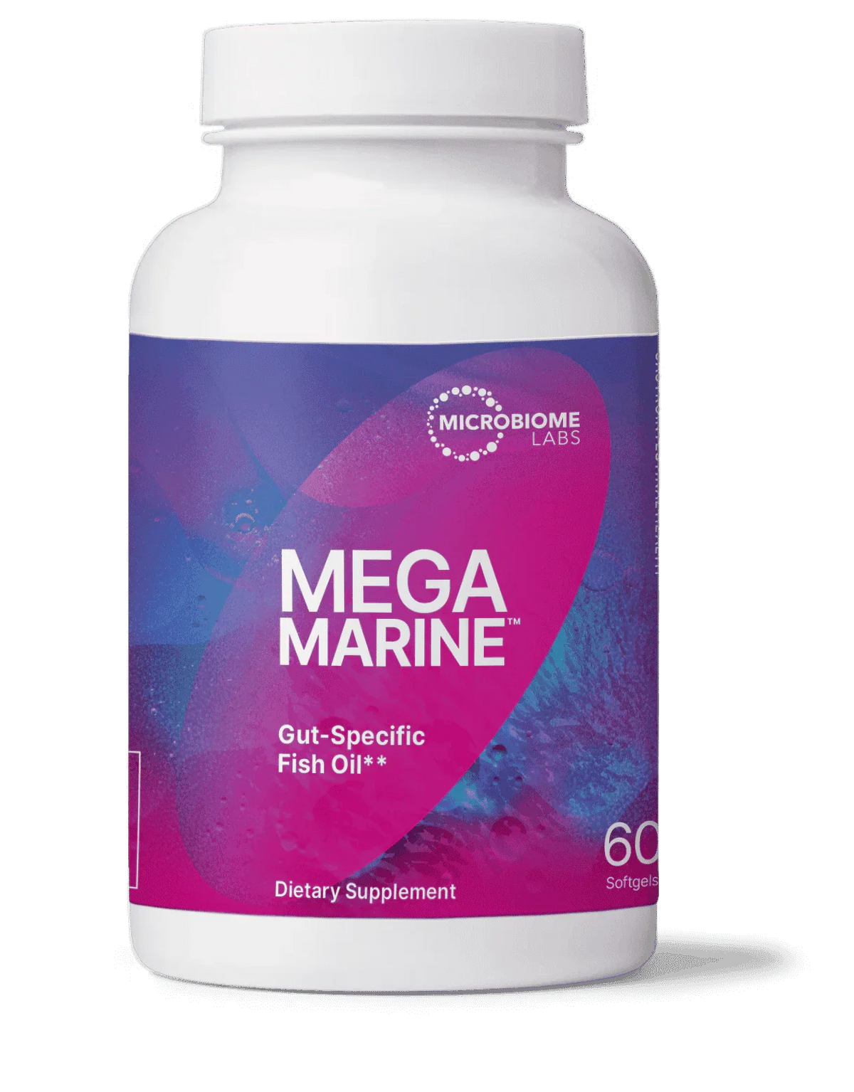 Mega Marine gut-specific fish oil dietary supplement bottle with 60 softgels