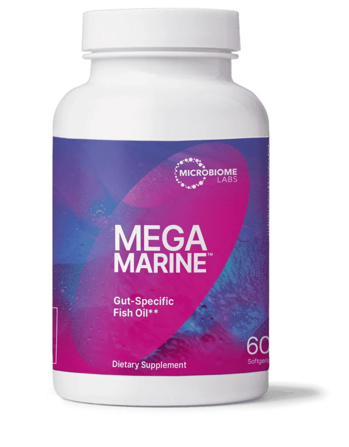 Mega Marine gut-specific fish oil dietary supplement bottle with 60 softgels