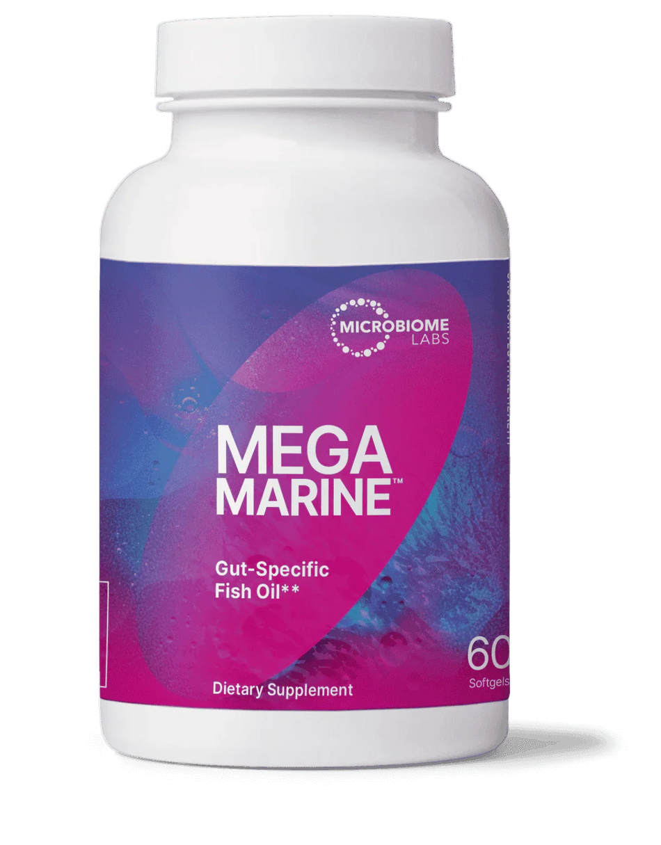Mega Marine gut-specific fish oil dietary supplement bottle with 60 softgels