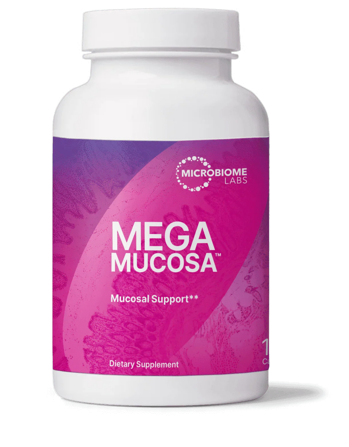Mega Mucosa dietary supplement bottle for mucosal support, pink label, capsules