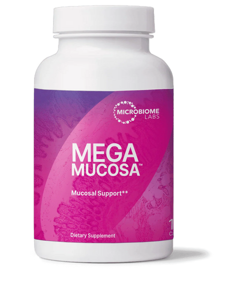 Mega Mucosa dietary supplement bottle for mucosal support, pink label, capsules