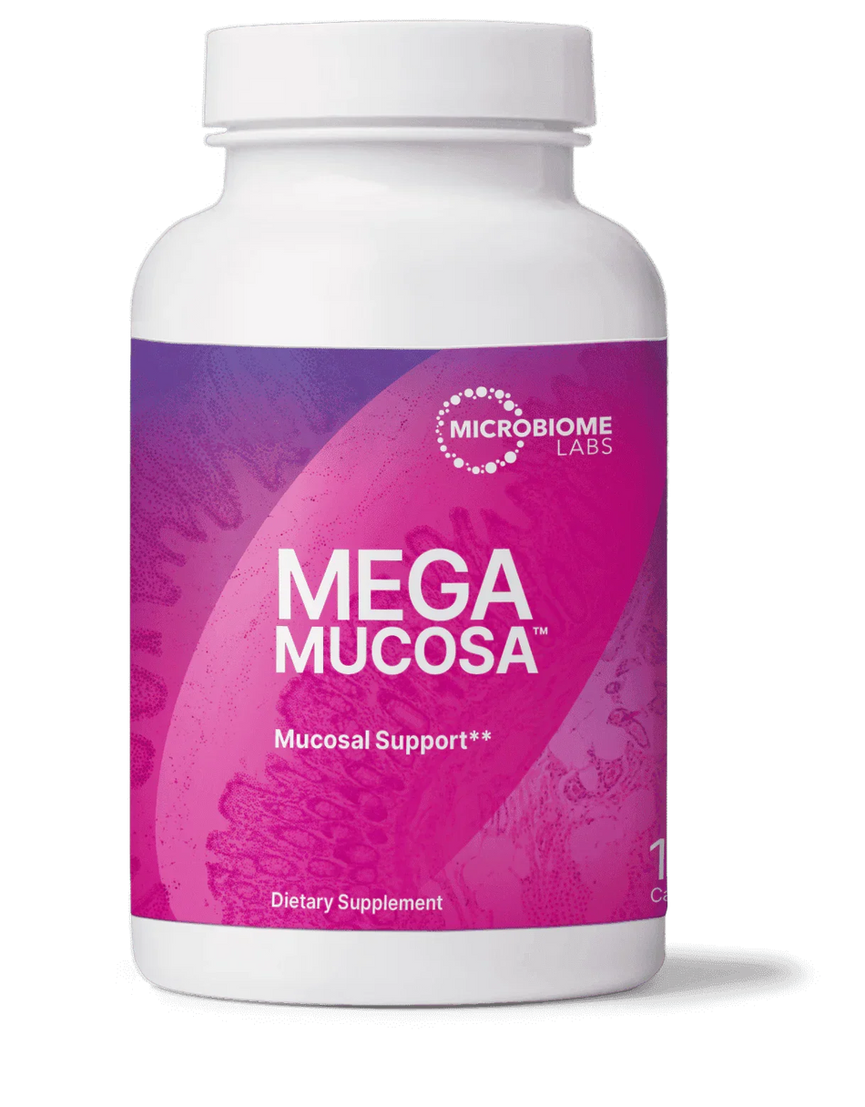 Mega Mucosa dietary supplement bottle for mucosal support, pink label, capsules