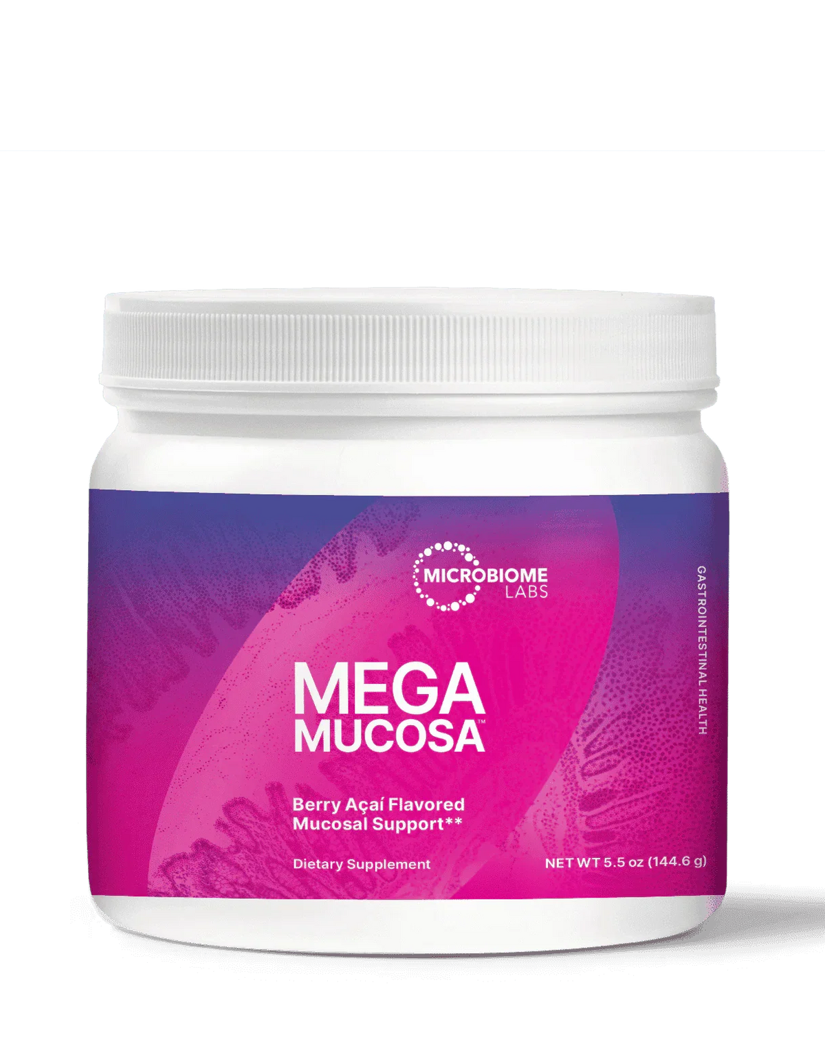 MegaMucosa powder dietary supplement jar, berry açai flavored mucosal support