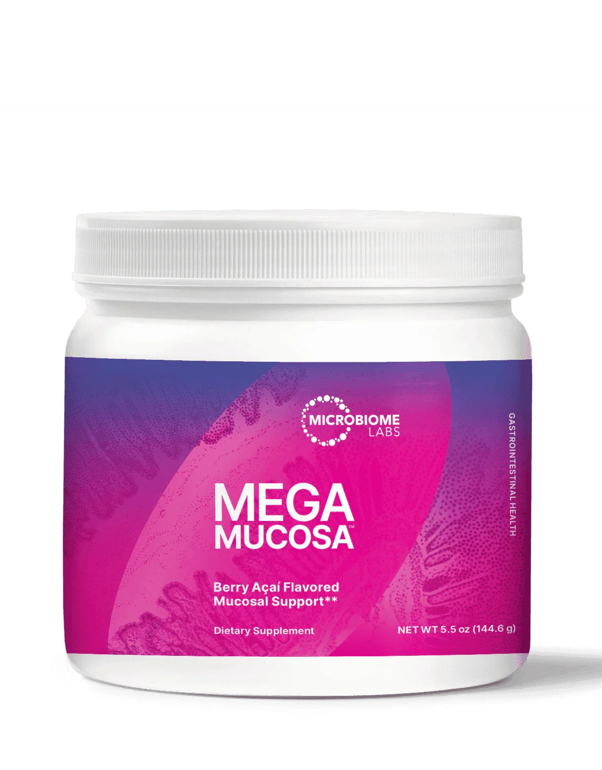 MegaMucosa powder dietary supplement jar, berry açai flavored mucosal support