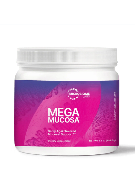 MegaMucosa powder dietary supplement jar, berry açai flavored mucosal support
