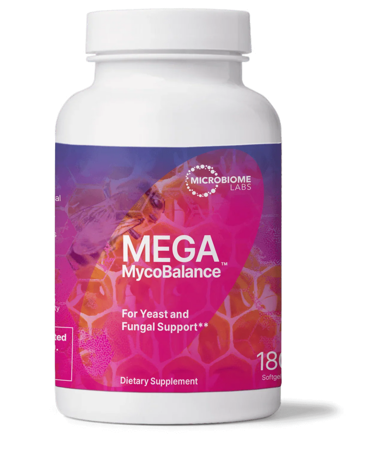 Mega MycoBalance dietary supplement bottle for yeast and fungal support, 180 softgels