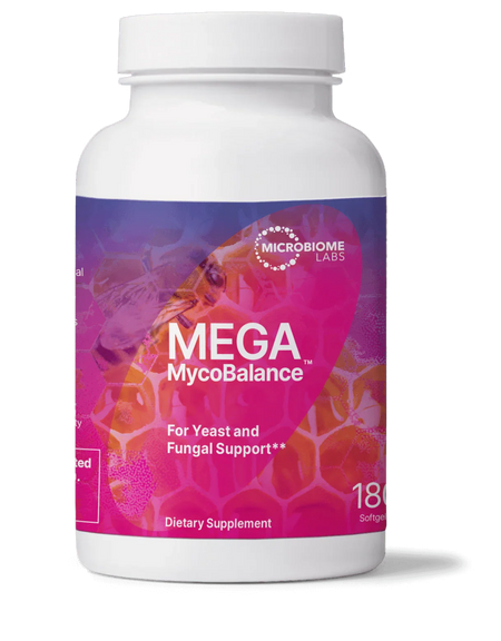 Mega MycoBalance dietary supplement bottle for yeast and fungal support, 180 softgels
