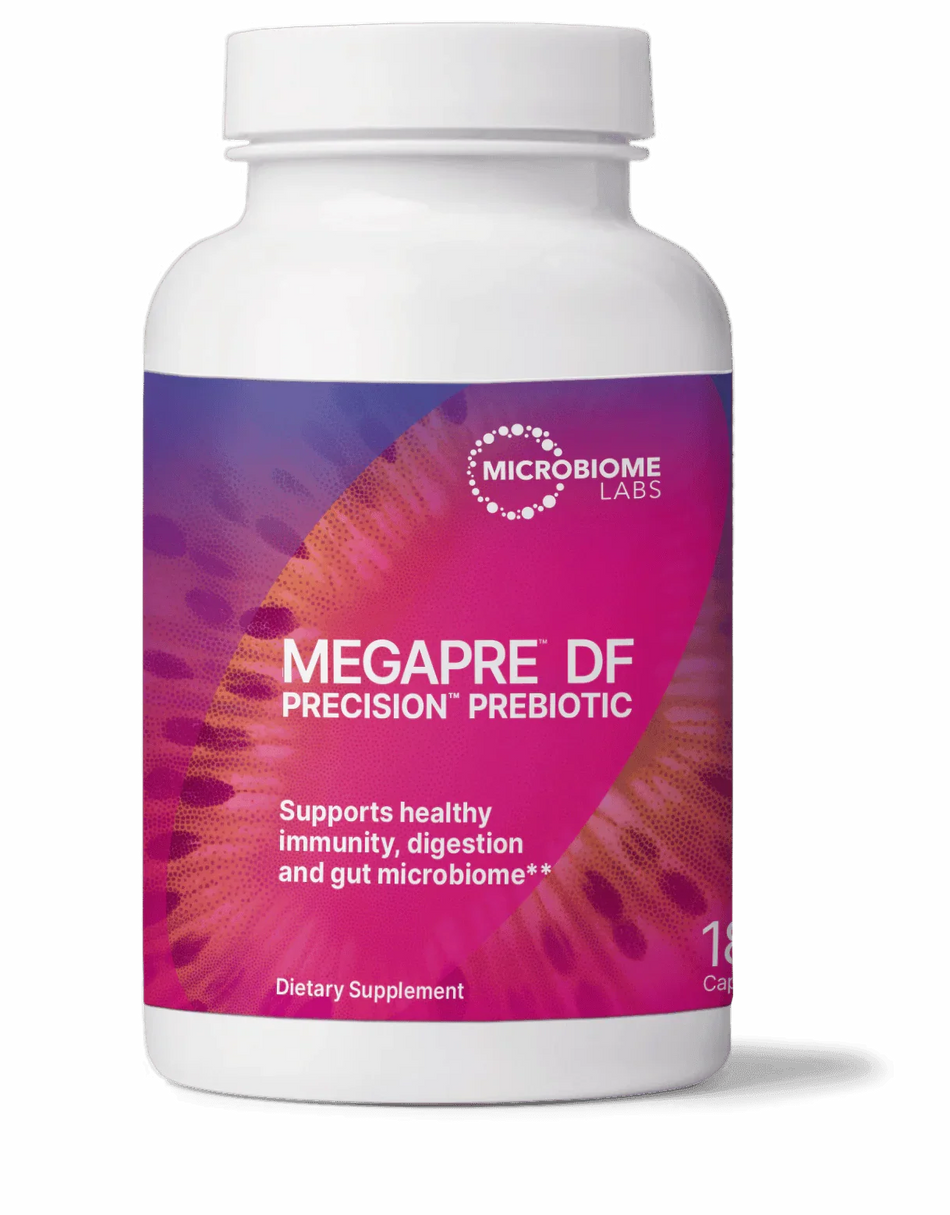 MegaPre DF precision prebiotic capsules dietary supplement bottle, gut health support