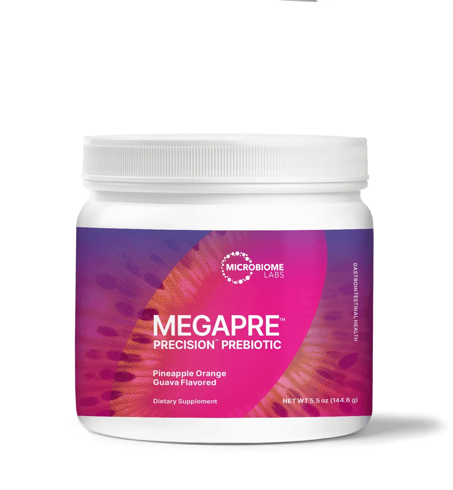 Microbiome Labs MegaPre Precision Prebiotic powder, pineapple orange guava flavor, dietary supplement container.