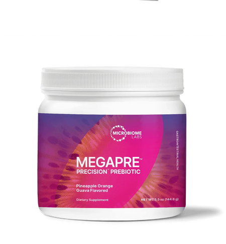 Microbiome Labs MegaPre Precision Prebiotic powder, pineapple orange guava flavor, dietary supplement container.