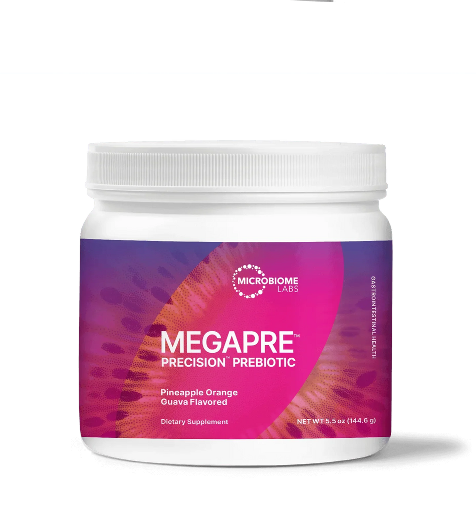 Microbiome Labs MegaPre Precision Prebiotic powder, pineapple orange guava flavor, dietary supplement container.
