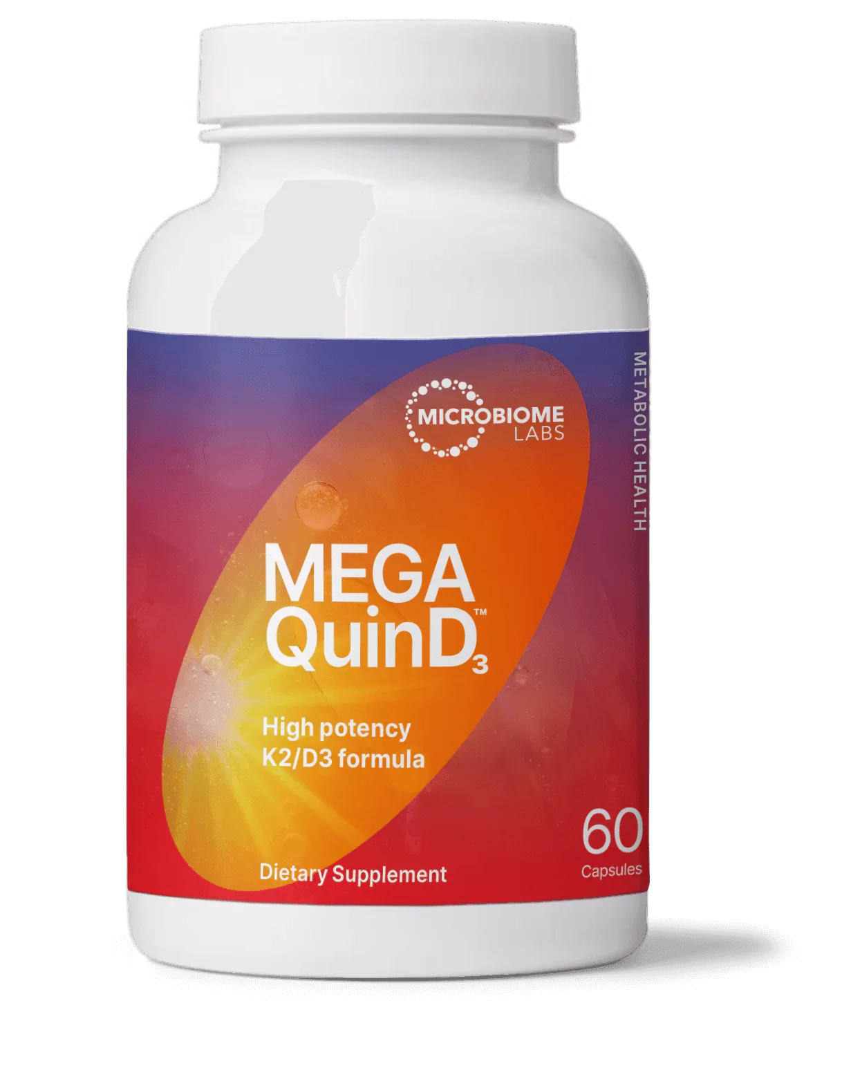 MegaQuinD3 supplement bottle, K2 D3 high potency formula, 60 capsules, dietary supplement