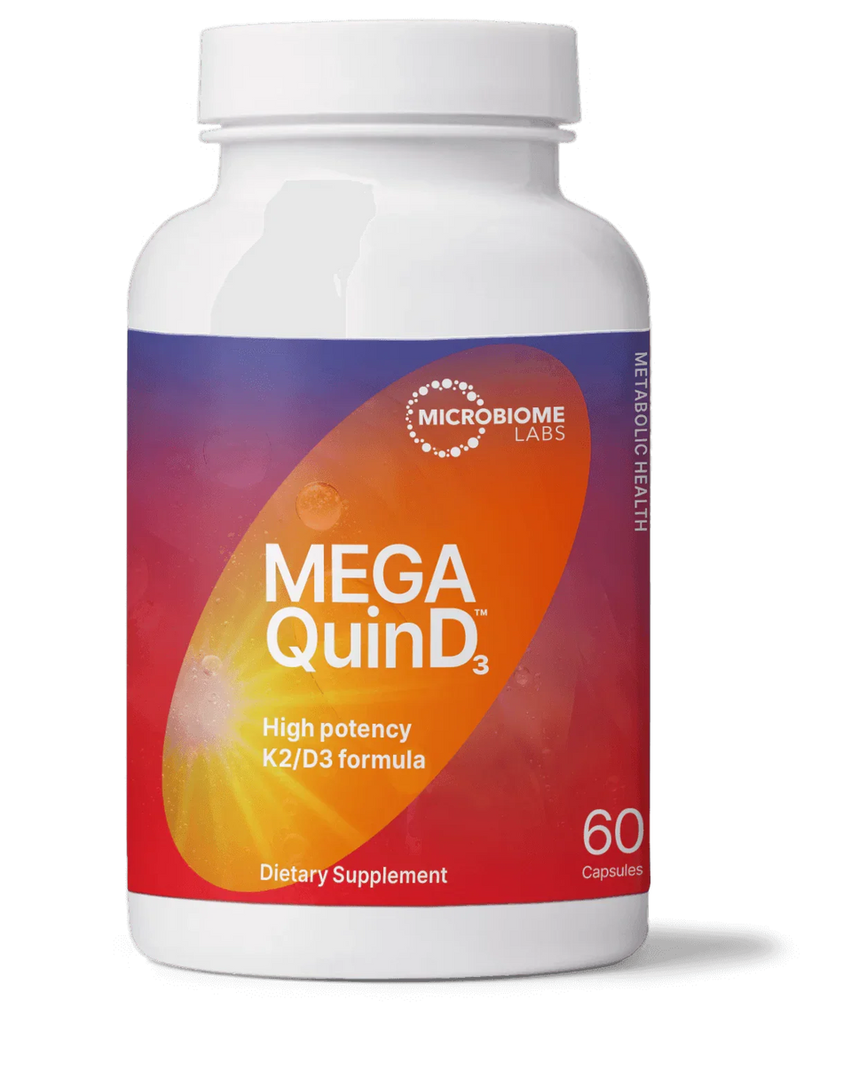 MegaQuinD3 supplement bottle, K2 D3 high potency formula, 60 capsules, dietary supplement