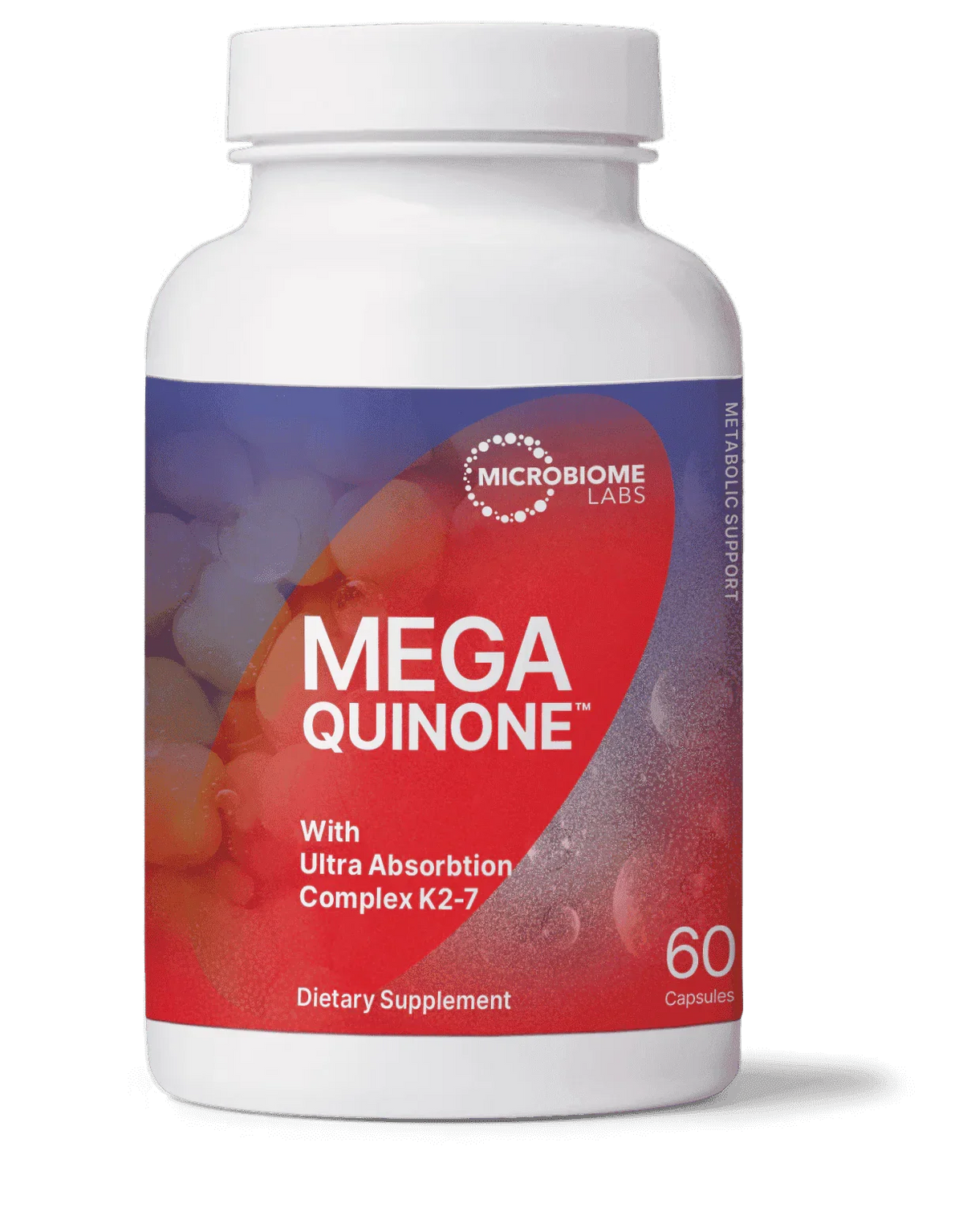 MegaQuinone dietary supplement bottle with 60 capsules, K2-7 ultra absorption complex