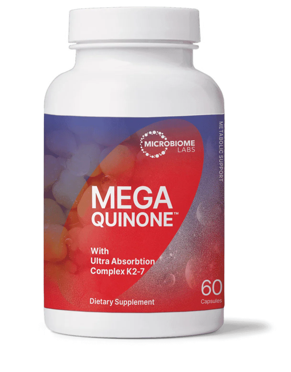 MegaQuinone dietary supplement bottle with 60 capsules, K2-7 ultra absorption complex