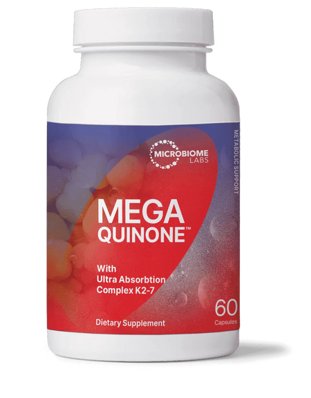 MegaQuinone dietary supplement bottle with 60 capsules, K2-7 ultra absorption complex