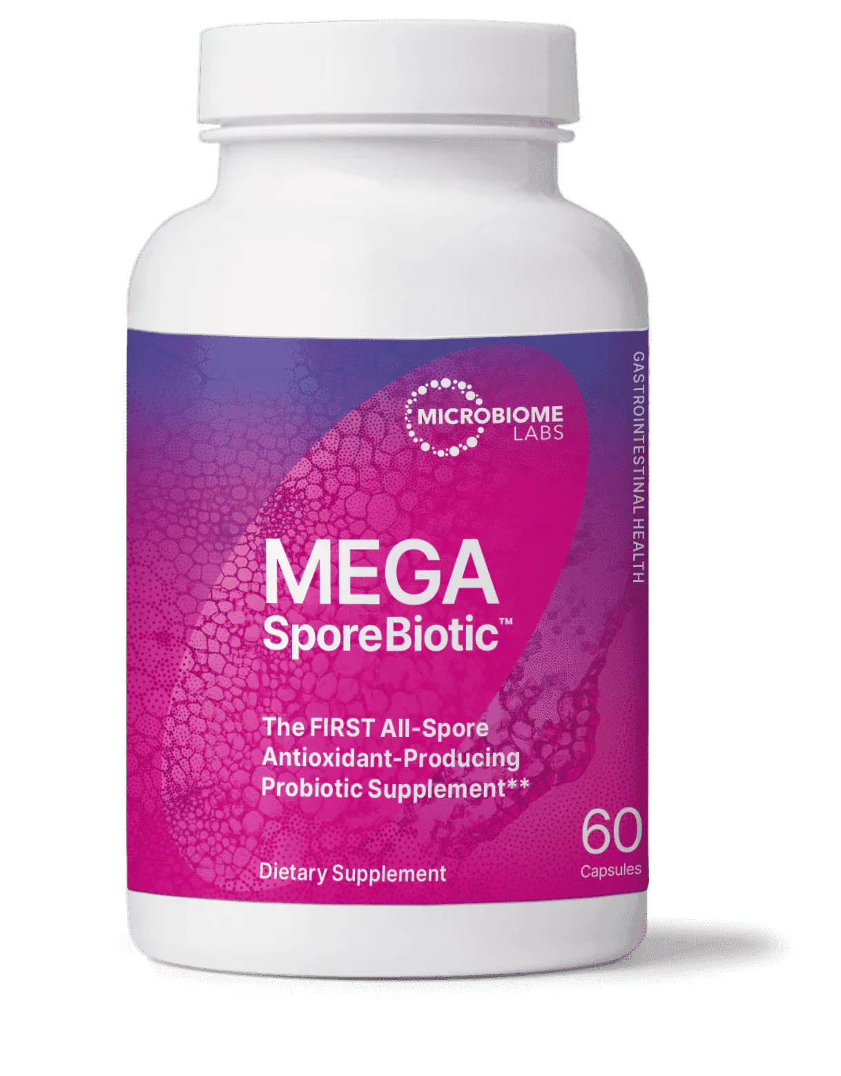 MegaSporeBiotic probiotic supplement bottle with purple label, 60 capsules