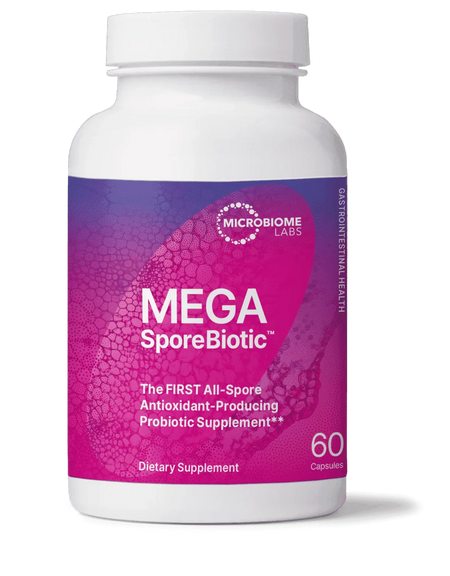 MegaSporeBiotic probiotic supplement bottle with purple label, 60 capsules