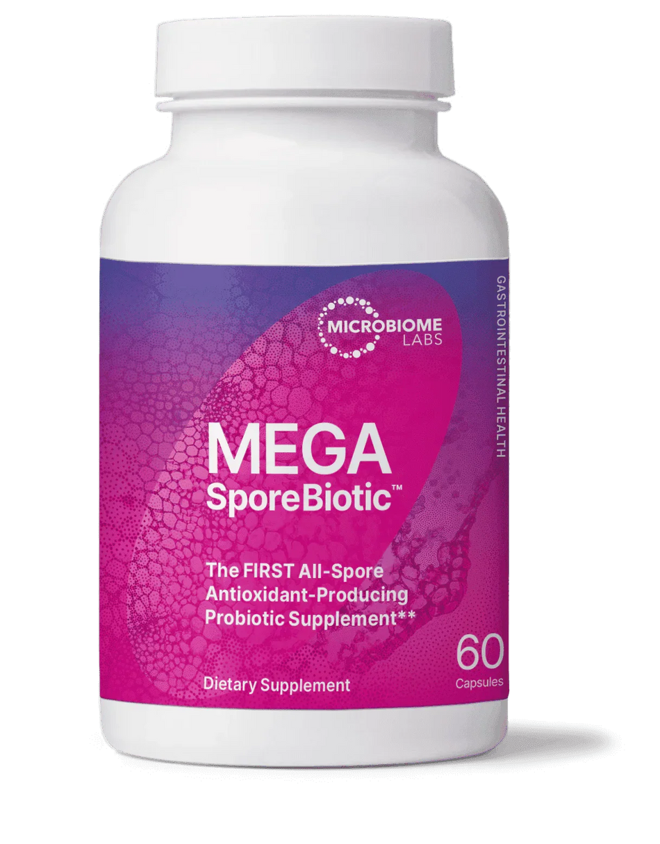 MegaSporeBiotic probiotic supplement bottle with purple label, 60 capsules