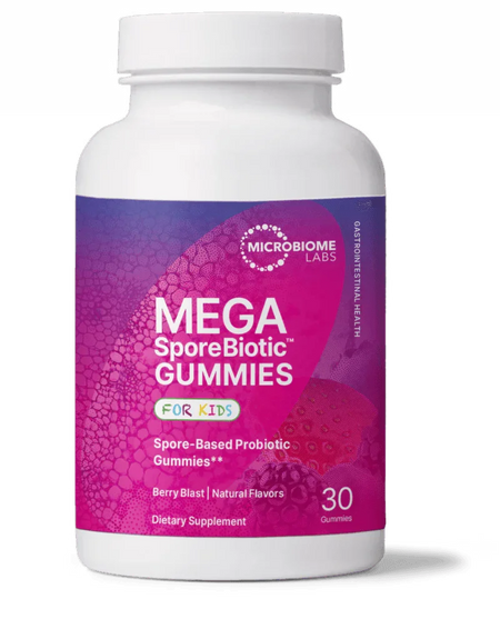 Mega SporeBiotic Gummies for kids bottle, berry blast flavor, probiotic dietary supplement, 30 count