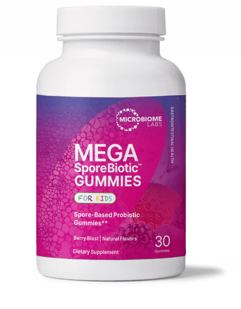 Mega SporeBiotic Gummies for kids bottle, berry blast flavor, probiotic dietary supplement, 30 count