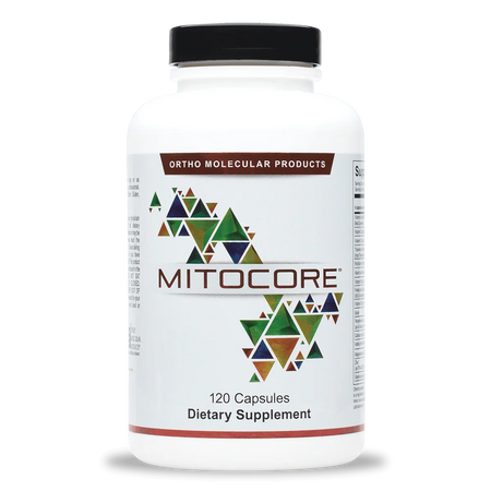 MitoCORE dietary supplement bottle with colorful geometric label, 120 capsules