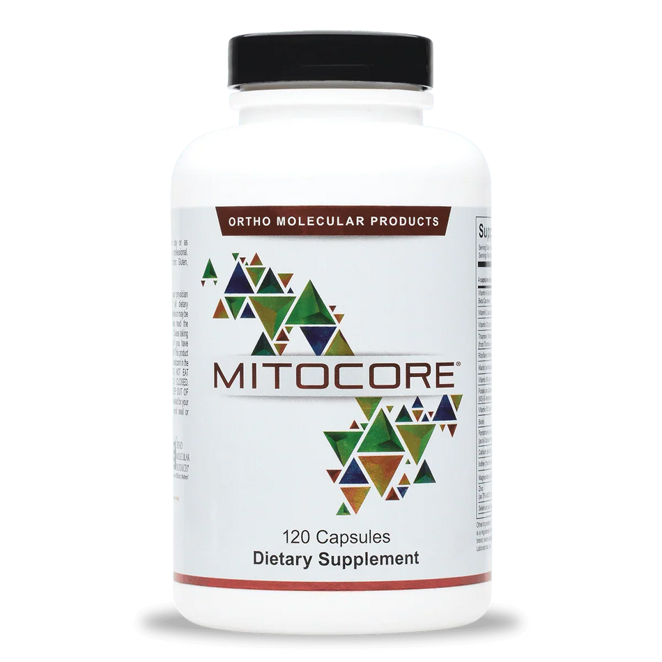 MitoCORE dietary supplement bottle with colorful geometric label, 120 capsules