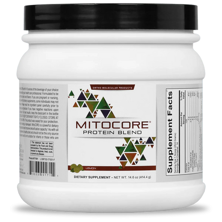 MitoCORE Protein Blend Lemon dietary supplement powder container with supplement facts label